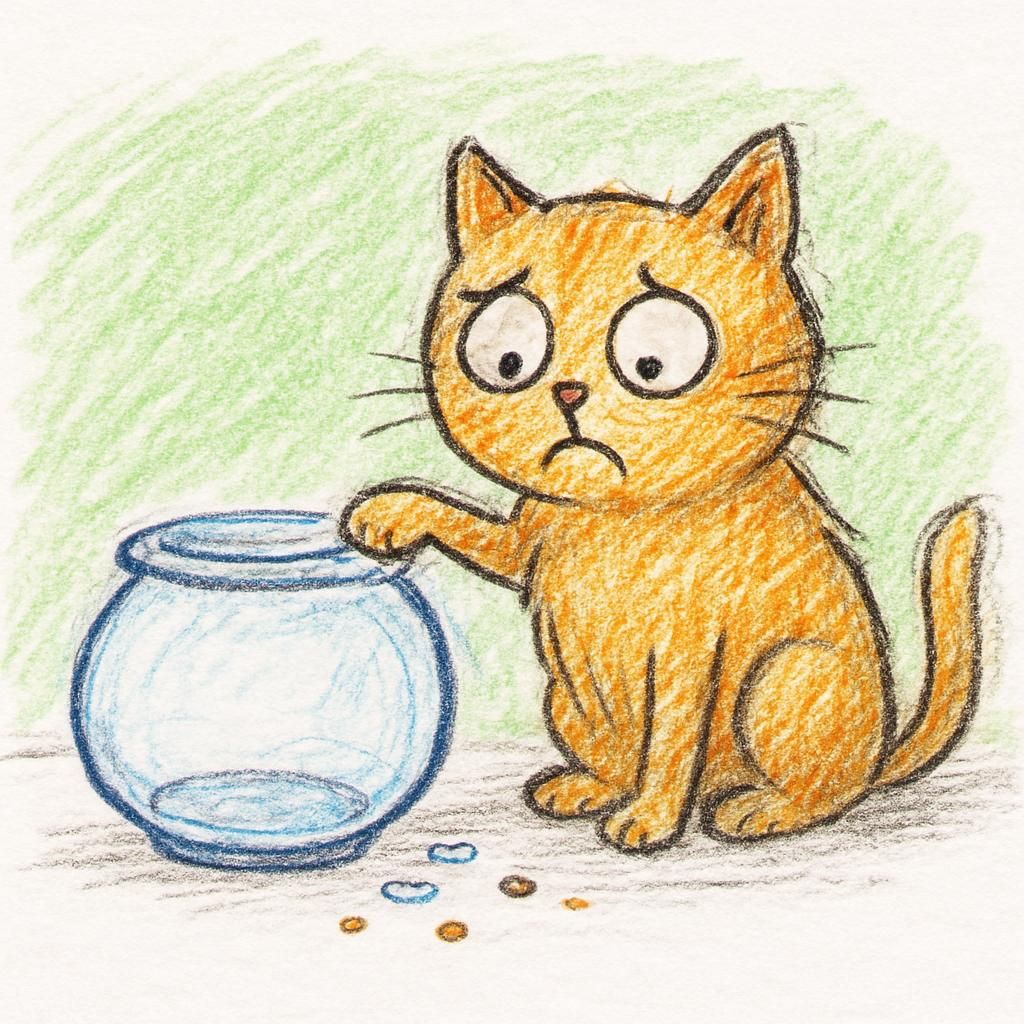 A guilty cat next to an empty fishbowl