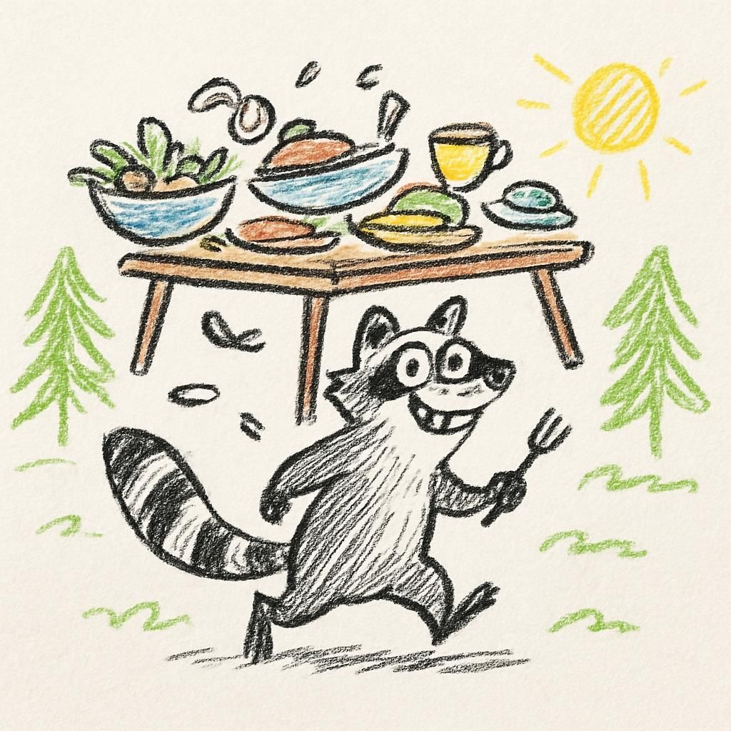 A raccoon running off after stealing a whole dinner table